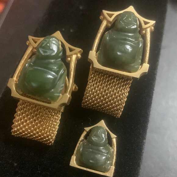 Vintage Jade Buddha Gold Cufflinks W/ matching Tie Pin .. VERY DISTINGUISHED!! - Picture 2 of 6
